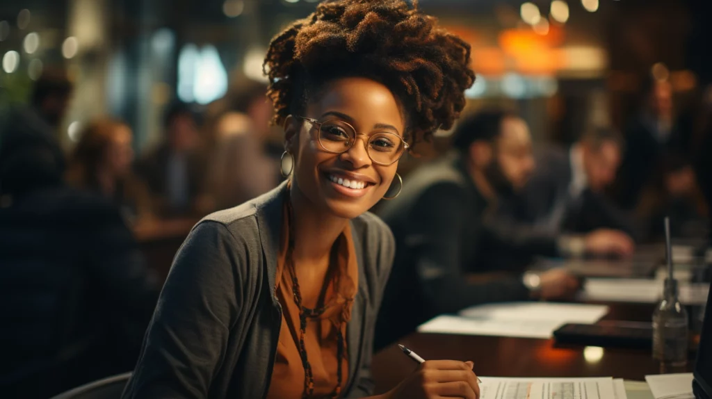 mulher-negra-sorrindo-enquanto-escreve